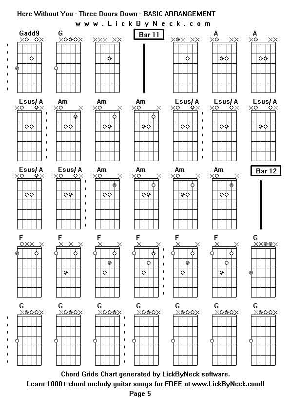 Chord Grids Chart of chord melody fingerstyle guitar song-Here Without You - Three Doors Down - BASIC ARRANGEMENT,generated by LickByNeck software.